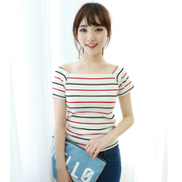 夏季女装韩国版露肩一字领上衣服学生修身体恤黑白条纹短袖t恤女