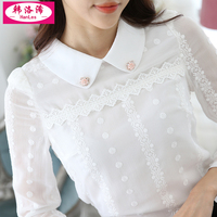 韩洛浠雪纺衫女2016春装新款韩版大码女装白色衬衫长袖蕾丝打底衫