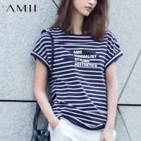 Amii[极简主义]2016秋夏新款女装海军风条纹T恤短袖宽松棉打底衫