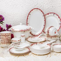 红牡丹唐山56头骨瓷餐具套装 欧式家用盘子碗碟陶瓷碗筷碗盘瓷器