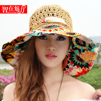 帽子女夏天遮阳帽防紫外线韩版潮大沿草帽可折叠太阳帽防晒沙滩帽