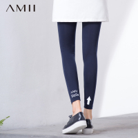 Amii[极简主义]2016秋装新款印花黑色打底裤外穿薄款九分长裤女装