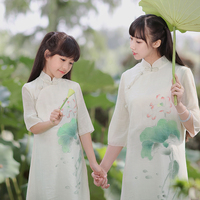 南曲霓裳50029中国风女长款亲子装连衣裙复古手绘民族风茶服琴服