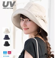 日本代购 2019春夏新款UV遮阳帽 女士大蝴蝶结 棉麻防紫外线帽子