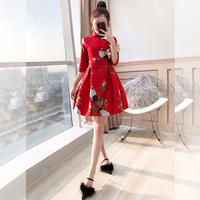 唐装女中国风复古女装2018新款秋装红色礼服改良旗袍连衣裙日常
