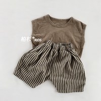 韩国童装2022夏季儿童短裤棉麻竖条纹宝宝萝卜中裤小童中性裤子潮