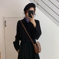 春季2019新款韩版黑色雪纺中长款衬衫裙女气质系带收腰显瘦连衣裙