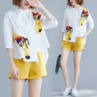 洋气大码女装遮肚显瘦套装胖mm夏季韩版文艺减龄衬衫+短裤两件套