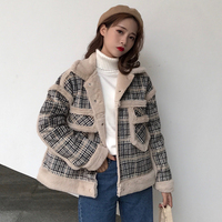 2018新款冬季女装韩版复古宽松格子毛呢仿羊羔毛加厚棉衣棉服外套