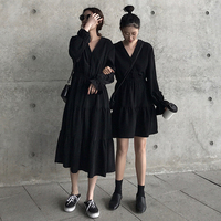 2019年秋季新款收腰雪纺连衣裙女士黑色长袖流行长裙气质显瘦裙子