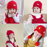 婴儿过年帽子秋冬婴幼儿可爱公主红色0-3-6-12个月女宝宝假发帽