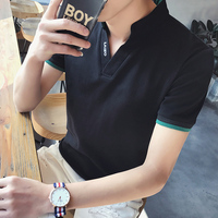 夏季男士短袖t恤修身潮流韩版V领体恤个性上衣青年衣服男装polo衫
