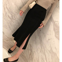 2018新款chic花瓣鱼尾裙半身裙高腰中长款黑色包臀修身针织裙加厚