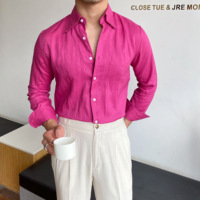 鹿三先生日常通勤麻料休闲长袖衬衫绅士复古意式纯色修身衬衣潮男