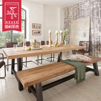 美式复古实木餐桌椅组合 原木西餐厅咖啡厅酒吧办公长桌休闲茶几