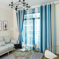 北欧窗帘遮光简约现代客厅卧室飘窗地中海美式蓝色棉麻窗帘成品