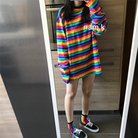 韩国女装 2019春季新款复古撞色圆领彩虹条纹T恤长袖