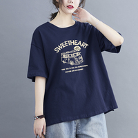 重磅纯棉藏青色t恤女短袖2023年夏季新款韩版宽松半袖印花上衣服