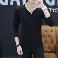 夏季黑色打底衫男士韩版修身青少年长袖t恤潮男装衣服V领体恤上衣