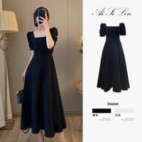 高级感法式赫本风方领黑色连衣裙子女夏季2022新款设计感小众长裙