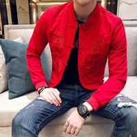 中国风唐装青年修身外套秋装复古龙刺绣红色休闲夹克中式盘扣男装
