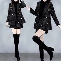 2019秋冬新款大码两件套韩版格子小西装气质短裤时尚小香风套装女