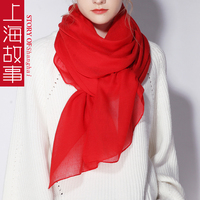 上海故事丝巾女百搭春秋棉麻围巾长款纱巾纯色亚麻大红色冬季薄款