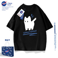 NASA联名黑色白猫短袖t恤男女款2023新款潮流青少年夏季宽松体恤