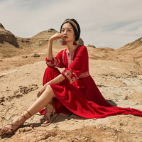 云南度假长裙青海湖旅游沙滩裙红色民族风人棉连衣裙沙漠拍照红裙