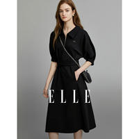 ELLE黑色POLO领设计感连衣裙女2023夏季新款高腰显瘦高级感裙子