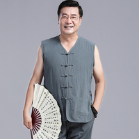 夏季棉麻唐装中老年马甲套装中国风青年中式镂空坎肩爸爸汉服男装
