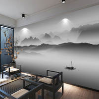新中式黑白山水电视背景墙壁纸现代抽象水墨客厅酒店墙布无缝壁画