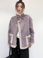 紫色加厚羊羔毛外套女冬季2022年新款皮毛一体鹿皮绒立领机车棉服