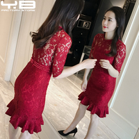 红色裙子韩版性感气质中长款旗袍鱼尾裙蕾丝连衣裙2018新款女夏季