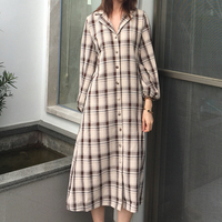 IDEA格子连衣裙女士秋季2018韩版复古中长款长袖衬衫女装裙子新