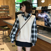 衬衫上衣2018韩版女装拼接格子卫衣背心宽松假两件长袖衬衣学生潮