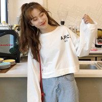 2018新款韩版字母印花短款百搭T恤秋季休闲长袖套头打底上衣女装