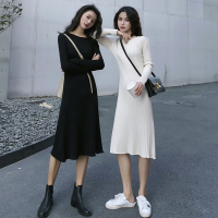女装法式裙子2019秋季新款韩版中长款长袖打底针织连衣裙过膝长裙