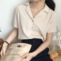 2018夏季韩版气质百搭西装领雪纺短袖衬衫上衣纯色衬衣学生女装潮