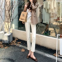 韩国白色高弹力冬季新款加绒高腰牛仔裤女直筒宽松显瘦显高烟管裤