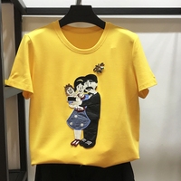 阿玛施2019夏装新款黄色休闲钉珠短袖宽松T恤5001-300783-3322B6