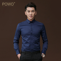 POWO长袖衬衣男士正装修身衣服深蓝商务休闲寸衫青年韩版白色衬衫
