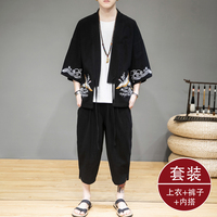 中国风男装夏季薄款汉服套装复古风道袍外套古装青年潮牌亚麻唐装