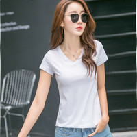2019夏季新款大码女装韩版宽松显瘦V领纯棉短袖t恤女士白色打底衫