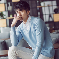 衬衫领毛衣男冬季新款假两件韩版V领长袖针织衫男士加厚打底衫