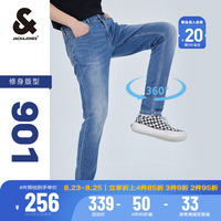 杰克琼斯男士牛仔裤修身弹力蓝色裤子秋季薄款直筒复古长裤男装