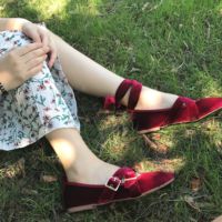 【暮四】新款女鞋 少女风 出口法国 复古芭蕾舞绑带丝绒绸缎单鞋
