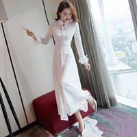 2019新款流行女装秋装长款有女人味的白色连衣裙高端长袖蕾丝长裙