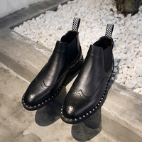 切尔西靴铆钉秋冬男士中帮加绒尖头皮鞋布洛克男鞋英伦风马丁靴子
