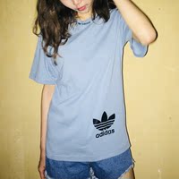 Adidas阿迪达斯三叶草夏季短袖T恤男领口串标女子运动情侣雾霾蓝